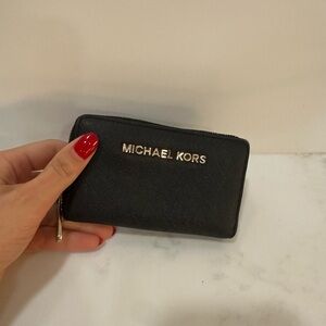 Michael Kors Small Black Card Holder Wallet with Zipper and Gold Logo